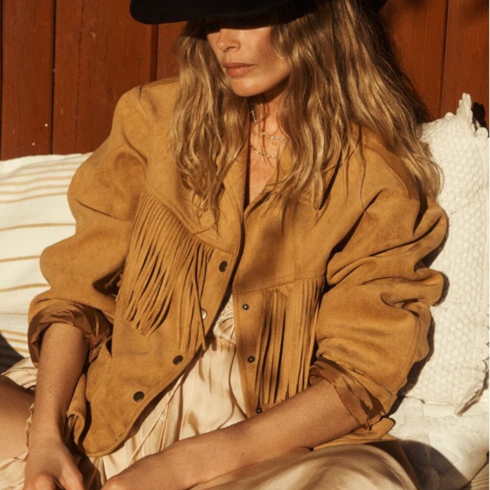 NEW Anthropologie Pilcro Western Fringe Jacket Honey XS